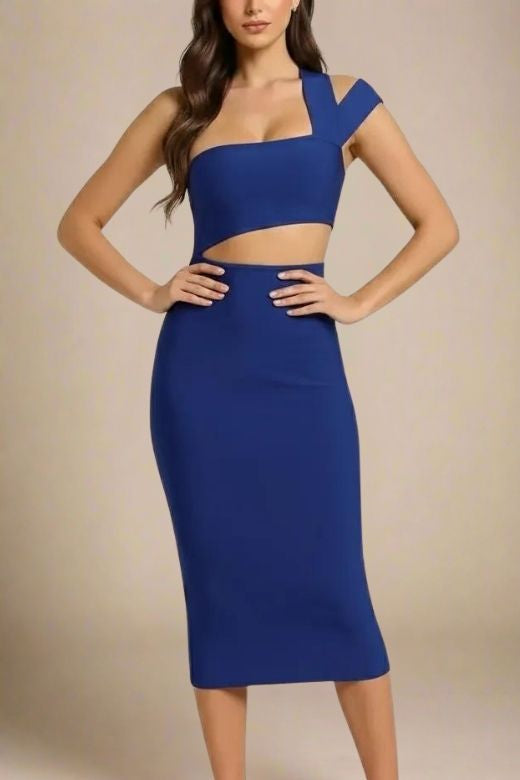 Woman wearing a figure flattering Molly Bandage Midi Dress - Navy Blue BODYCON COLLECTION