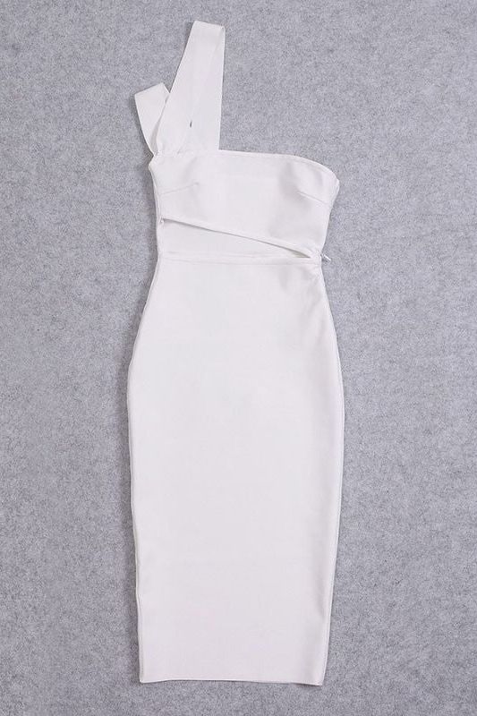 Woman wearing a figure flattering Molly Bandage Midi Dress - Pearl White BODYCON COLLECTION