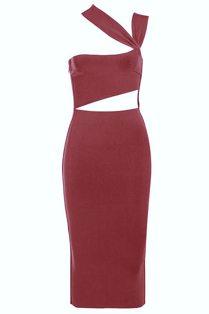 Woman wearing a figure flattering  Molly Bandage Midi Dress - Red Wine BODYCON COLLECTION