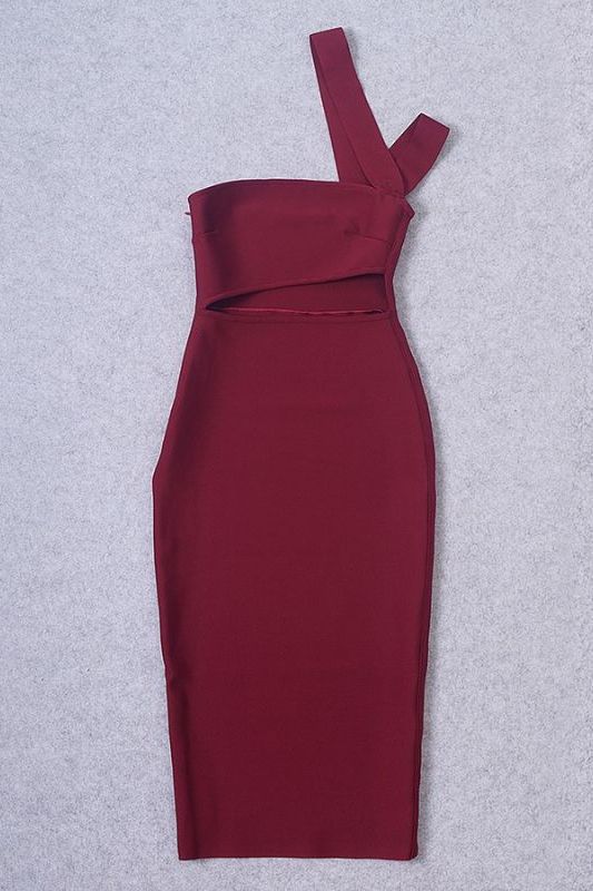 Woman wearing a figure flattering Molly Bandage Midi Dress - Red Wine BODYCON COLLECTION