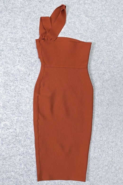 Woman wearing a figure flattering Molly Bandage Midi Dress - Tan Brown BODYCON COLLECTION