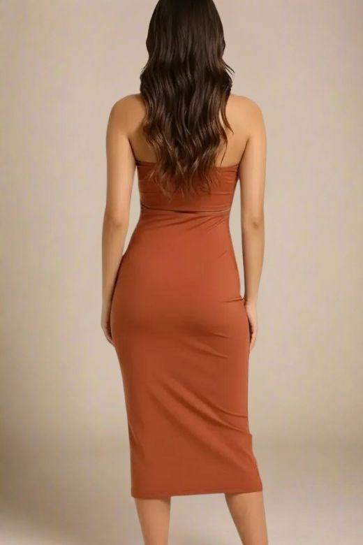 Woman wearing a figure flattering Molly Bandage Midi Dress - Tan Brown BODYCON COLLECTION