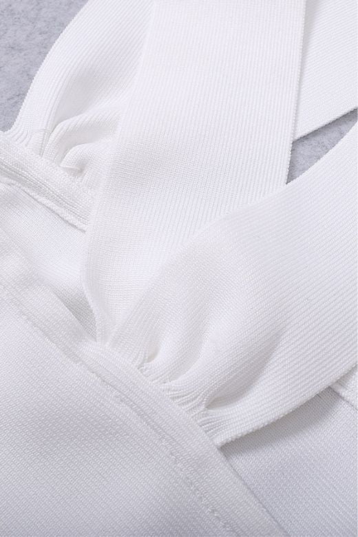 Woman wearing a figure flattering Molly Bandage Midi Dress - White Pearl BODYCON COLLECTION