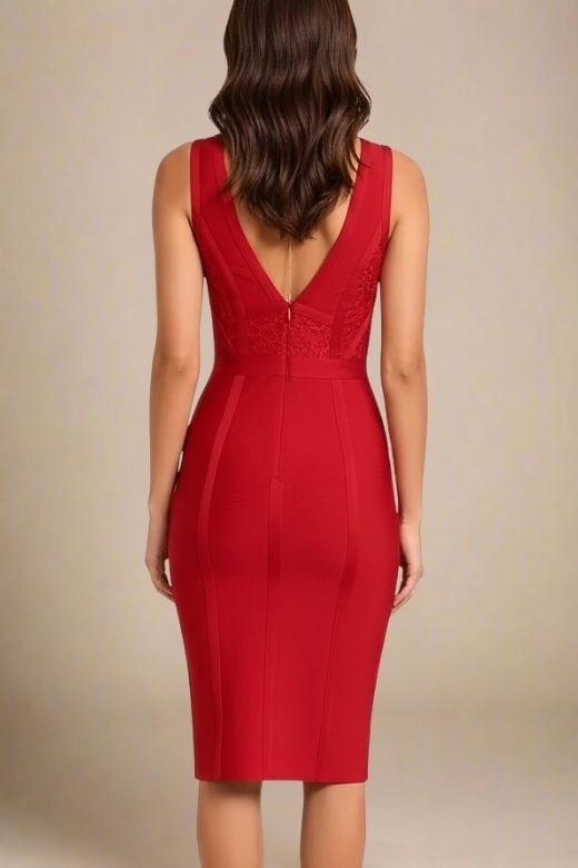 Woman wearing a figure flattering Noa V Neck Bodycon Dress - Red Wine BODYCON COLLECTION