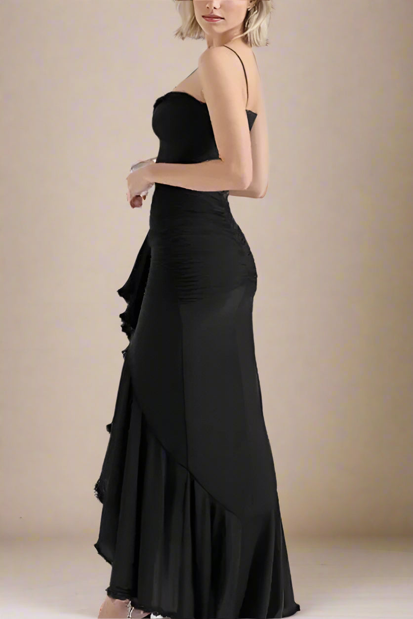 Woman wearing a figure flattering Noah Bodycon Wrap Midi Dress- Classic Black BODYCON COLLECTION