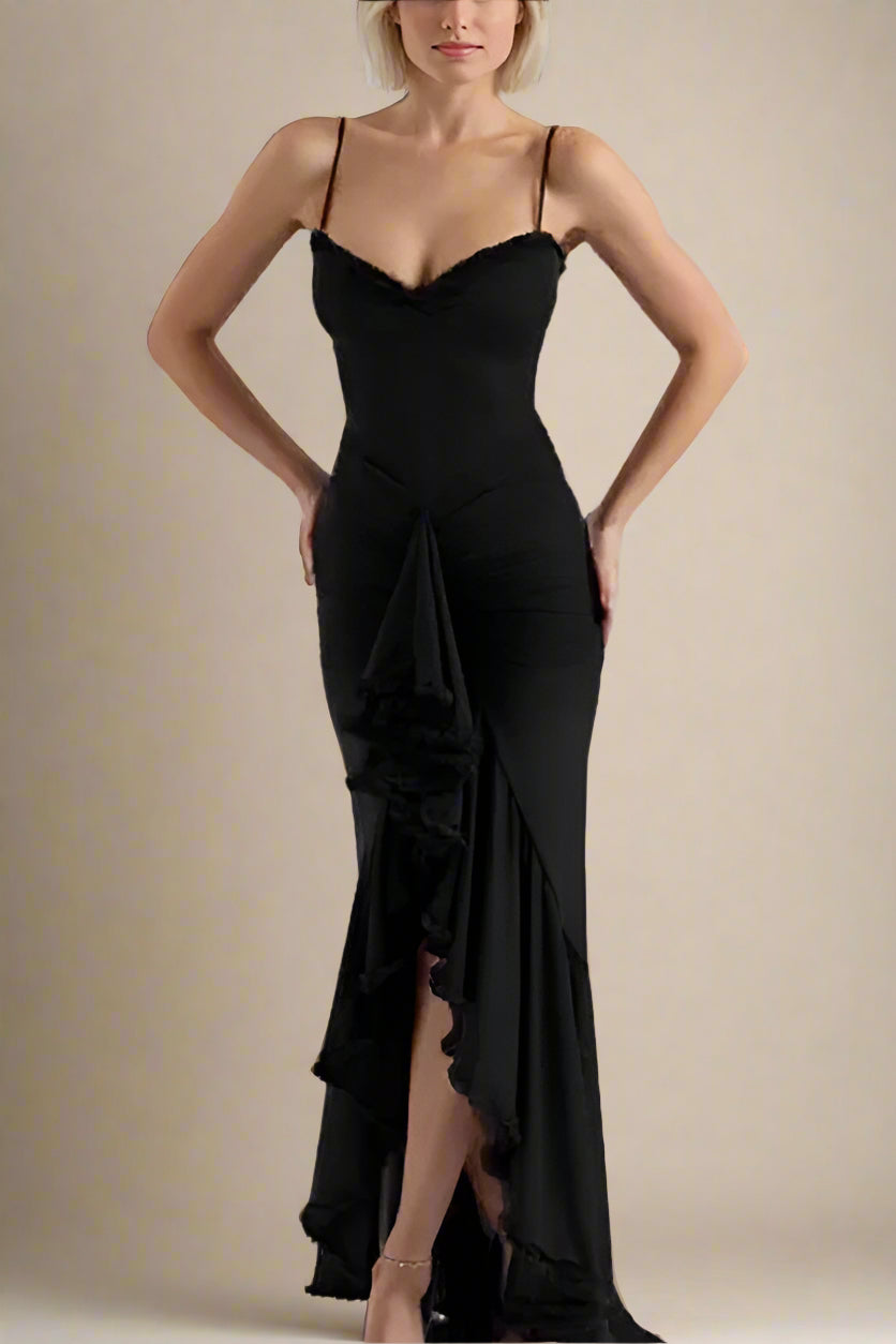Woman wearing a figure flattering Noah Bodycon Wrap Midi Dress- Classic Black BODYCON COLLECTION