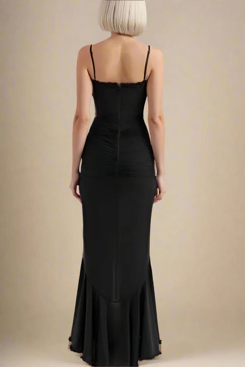 Woman wearing a figure flattering Noah Bodycon Wrap Midi Dress- Classic Black BODYCON COLLECTION