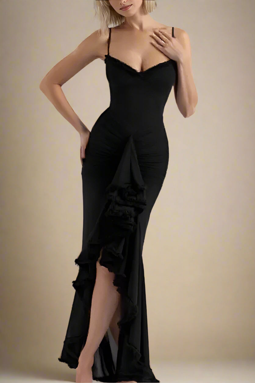 Woman wearing a figure flattering Noah Bodycon Wrap Midi Dress- Classic Black BODYCON COLLECTION