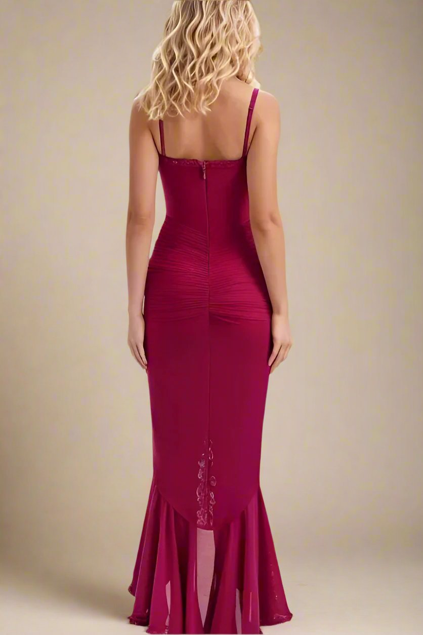 Woman wearing a figure flattering Noah Bodycon Wrap Midi Dress- Red Wine BODYCON COLLECTION