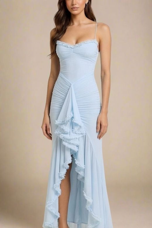 Woman wearing a figure flattering Noah Bodycon Wrap Midi Dress - Sky Blue BODYCON COLLECTION