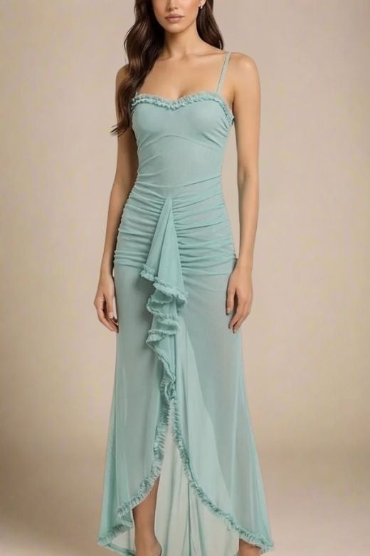 Woman wearing a figure flattering Noah Bodycon Wrap Midi Dress - Tiffany Blue BODYCON COLLECTION