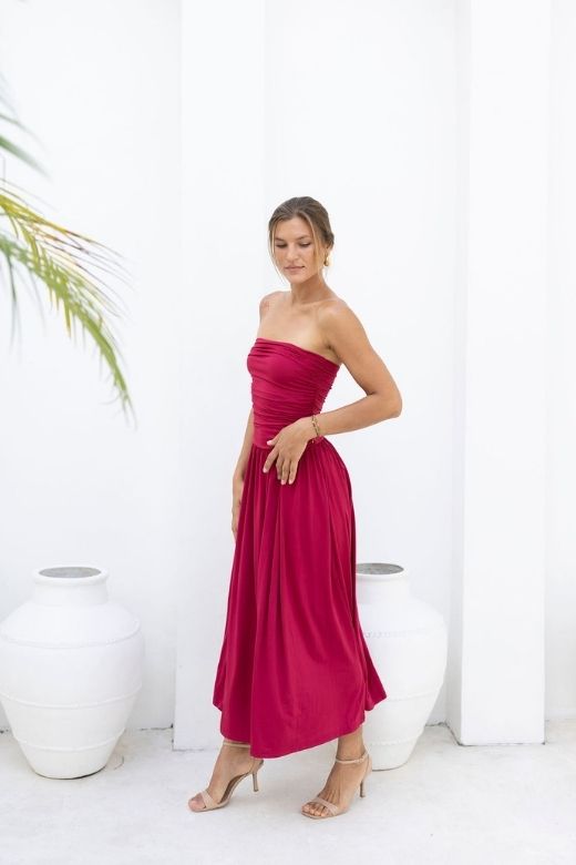 Woman wearing a figure flattering North Bodycon Wrap Midi Dress - Beige BODYCON COLLECTION Pty Ltd