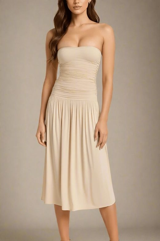 Woman wearing a figure flattering  North Bodycon Wrap Midi Dress - Beige BODYCON COLLECTION Pty Ltd