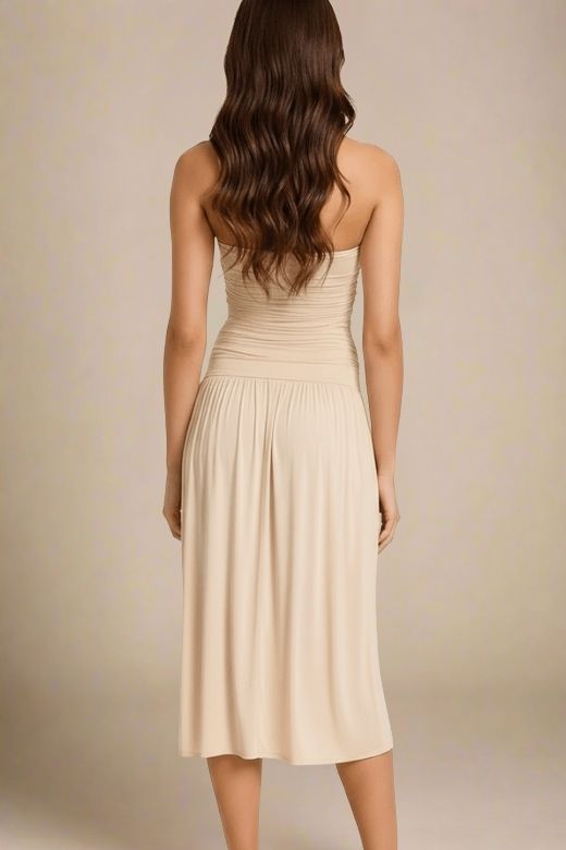 Woman wearing a figure flattering  North Bodycon Wrap Midi Dress - Beige BODYCON COLLECTION Pty Ltd