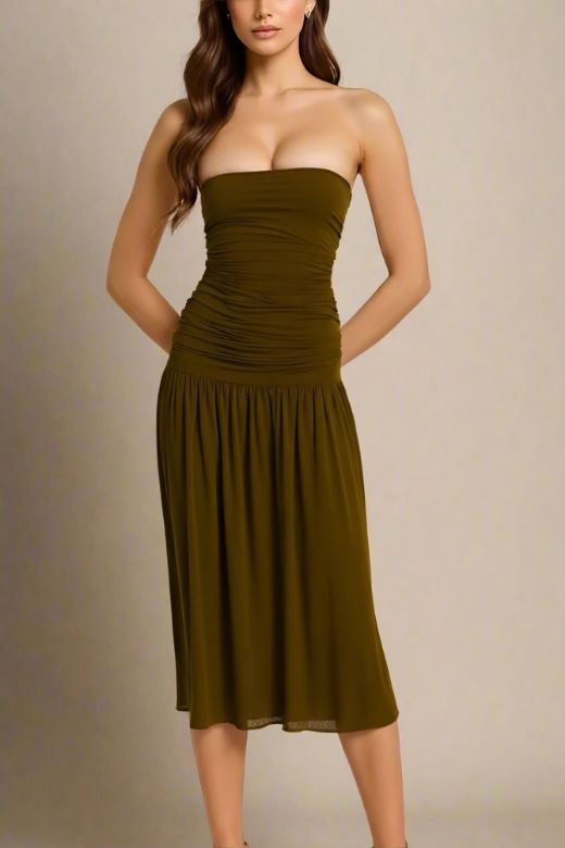 Woman wearing a figure flattering  North Bodycon Wrap Midi Dress - Chocolate Brown BODYCON COLLECTION Pty Ltd