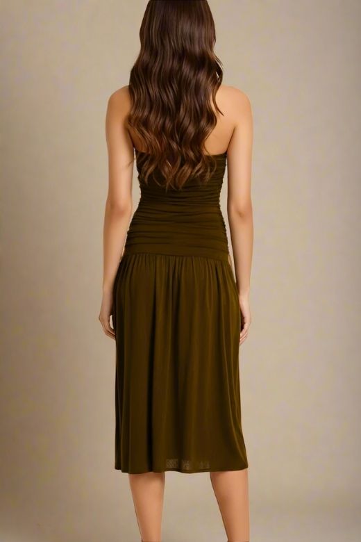 Woman wearing a figure flattering  North Bodycon Wrap Midi Dress - Chocolate Brown BODYCON COLLECTION Pty Ltd