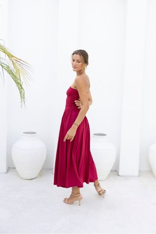 Woman wearing a figure flattering North Bodycon Wrap Midi Dress - Red Wine BODYCON COLLECTION Pty Ltd