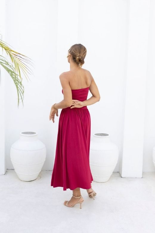 Woman wearing a figure flattering North Bodycon Wrap Midi Dress - Red Wine BODYCON COLLECTION Pty Ltd