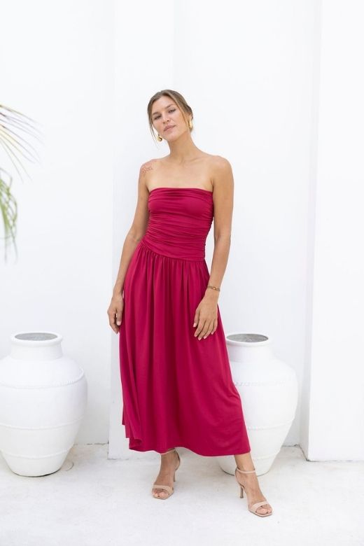 Woman wearing a figure flattering North Bodycon Wrap Midi Dress - Red Wine BODYCON COLLECTION Pty Ltd