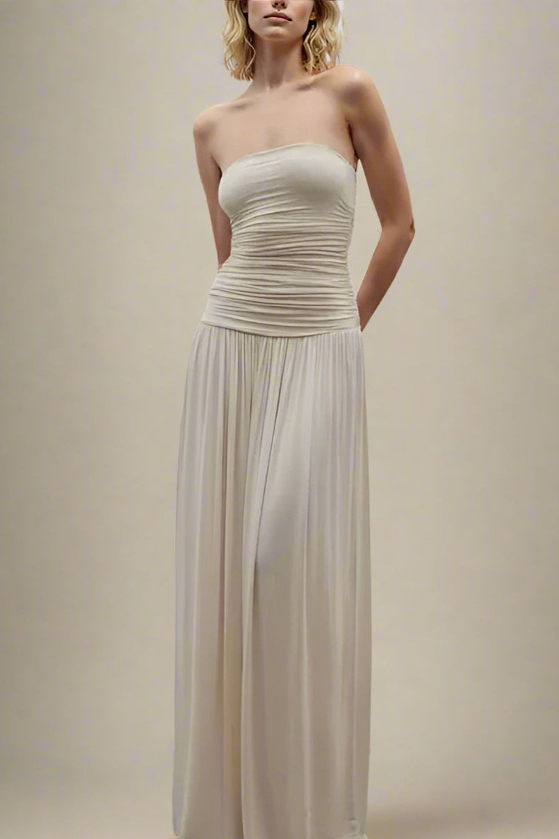 Woman wearing a figure flattering North Wrap Maxi Dress - Beige BODYCON COLLECTION Pty Ltd