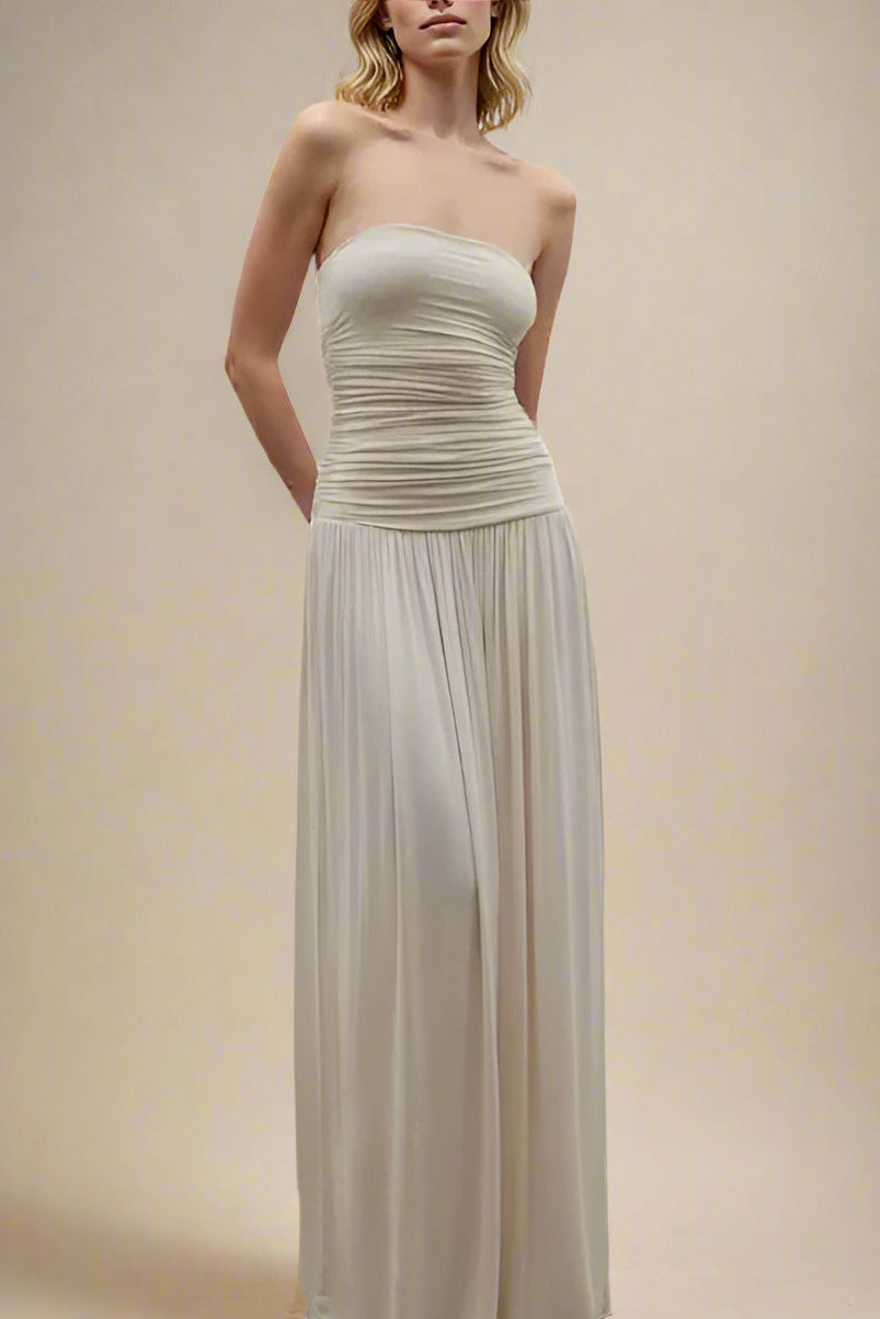 Woman wearing a figure flattering North Wrap Maxi Dress - Beige BODYCON COLLECTION Pty Ltd