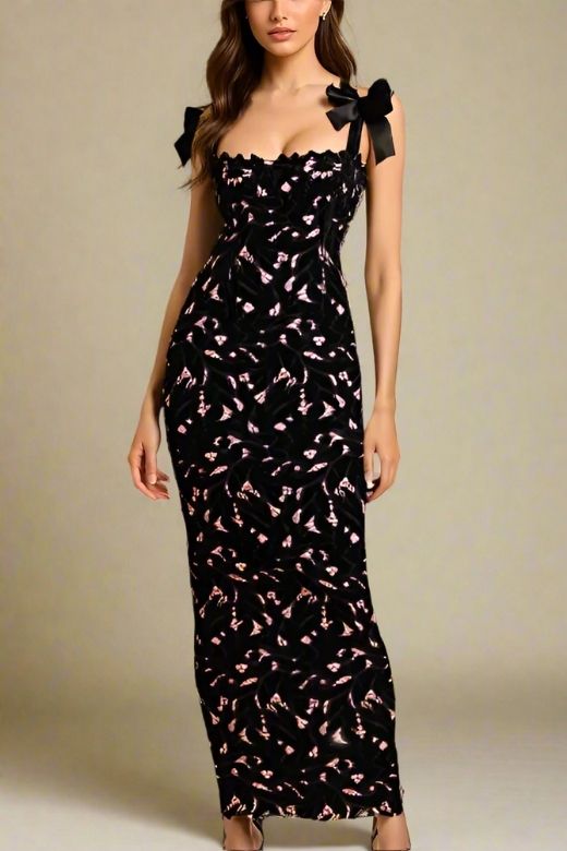 Woman wearing a figure flattering Odette Bodycon Lace Maxi Dress - Classic Black BODYCON COLLECTION