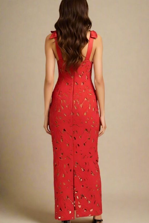 Woman wearing a figure flattering Odette Bodycon Lace Maxi Dress - Lipstick Red BODYCON COLLECTION