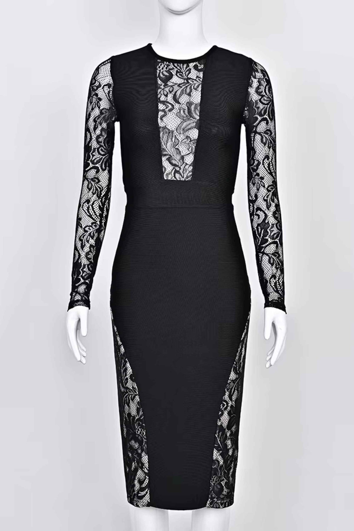 Woman wearing a figure flattering Opal Long Sleeve Bodycon Dress - Classic Black BODYCON COLLECTION Pty Ltd