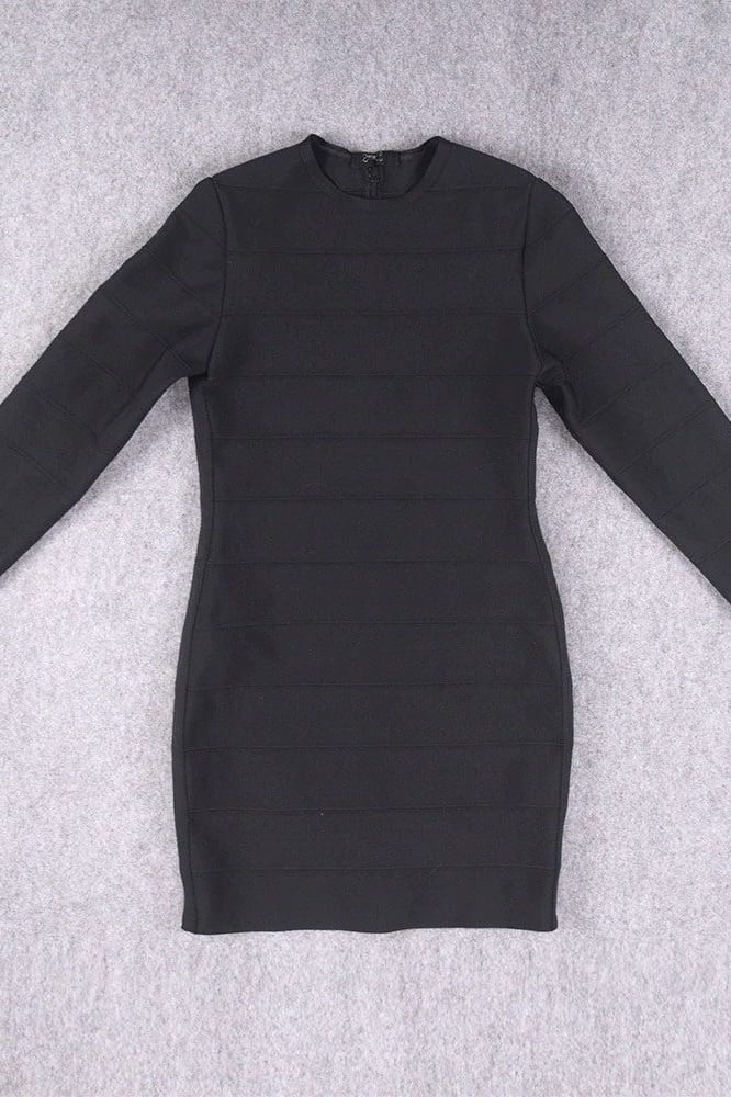 Woman wearing a figure flattering Pamela Long Sleeve Bandage Mini Dress - Classic Black BODYCON COLLECTION