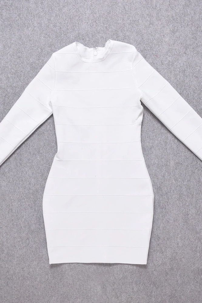 Woman wearing a figure flattering Pamela Long Sleeve Bandage Mini Dress - Pearl White BODYCON COLLECTION