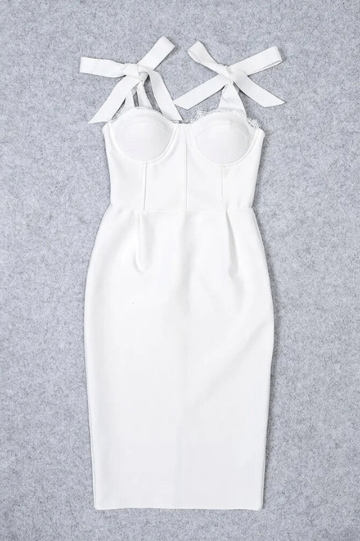 Woman wearing a figure flattering Payton Bandage Dress - Pearl White BODYCON COLLECTION