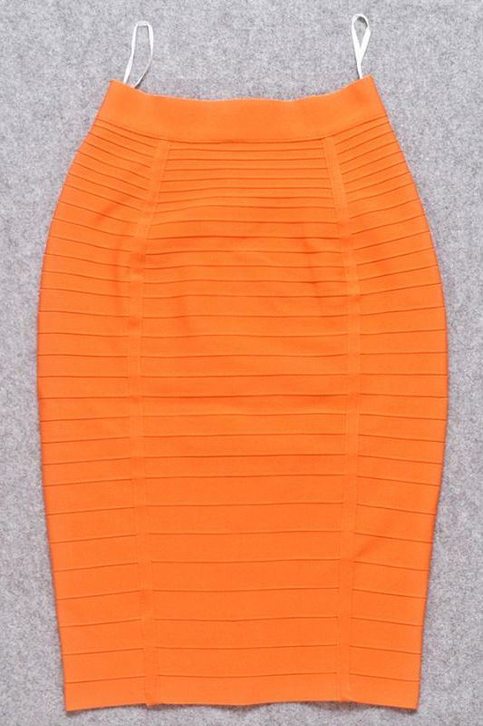 Woman wearing a figure flattering Pencil High Waist Bandage Knee Length Knitted Skirt - Apricot Orange BODYCON COLLECTION