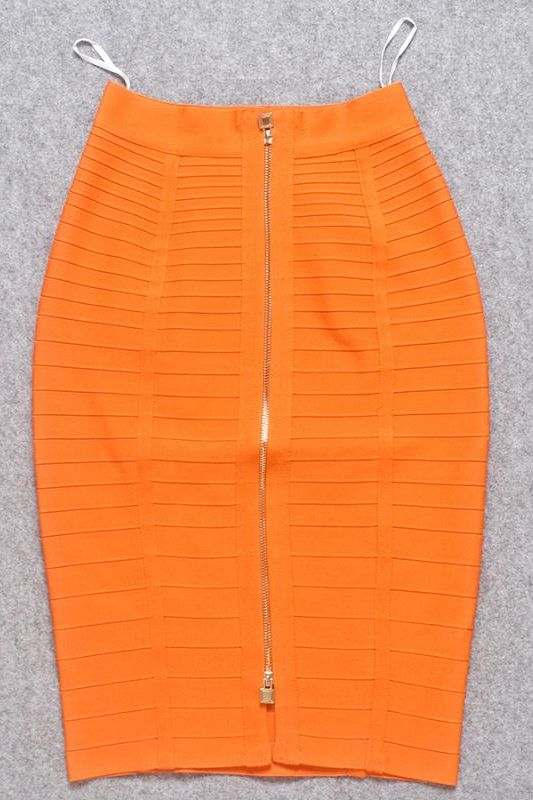 Woman wearing a figure flattering Pencil High Waist Bandage Knee Length Knitted Skirt - Apricot Orange BODYCON COLLECTION