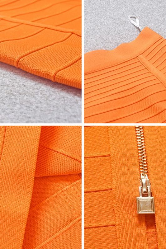 Woman wearing a figure flattering Pencil High Waist Bandage Knee Length Knitted Skirt - Apricot Orange BODYCON COLLECTION