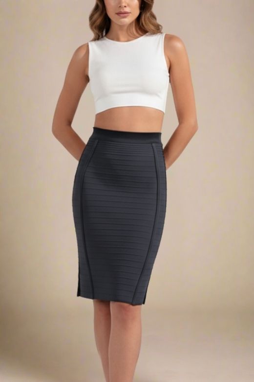 Woman wearing a figure flattering Pencil High Waist Bandage Knee Length Knitted Skirt - Classic Black BODYCON COLLECTION