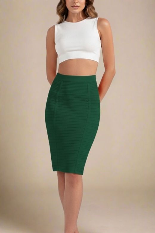 Woman wearing a figure flattering Pencil High Waist Bandage Knee Length Knitted Skirt - Emerald Green BODYCON COLLECTION