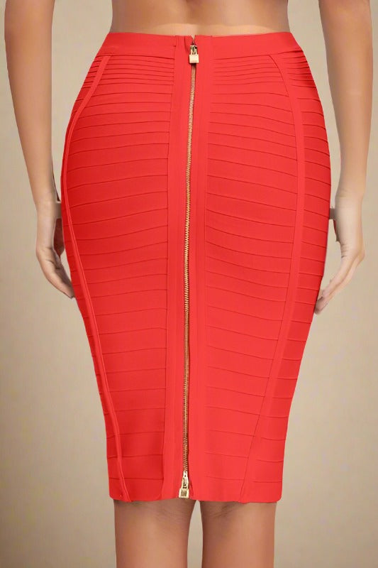 Woman wearing a figure flattering Pencil High Waist Bandage Knee Length Knitted Skirt - Lipstick Red BODYCON COLLECTION