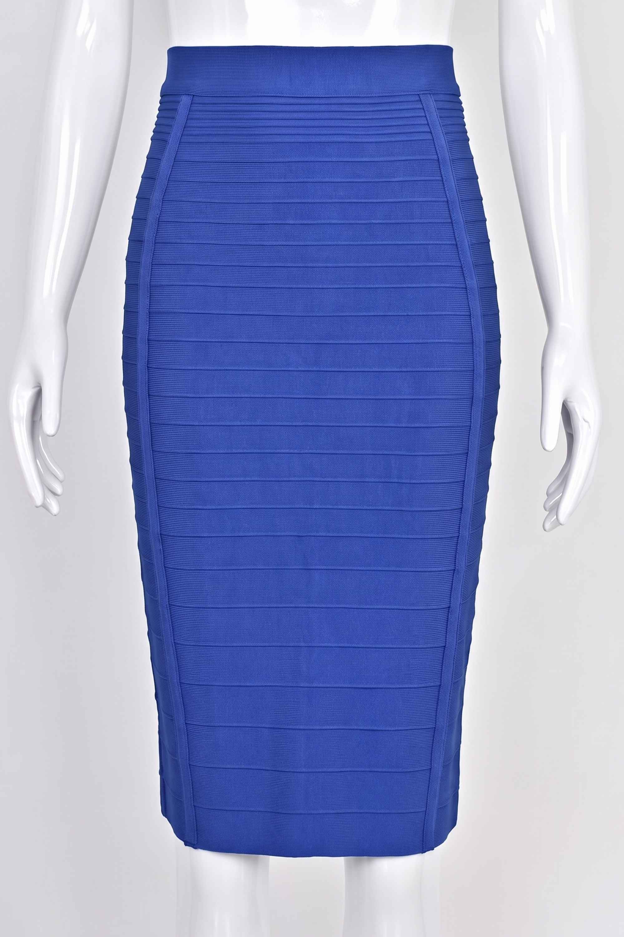 Woman wearing a figure flattering Pencil High Waist Bandage Knee Length Knitted Skirt - Navy Blue BODYCON COLLECTION