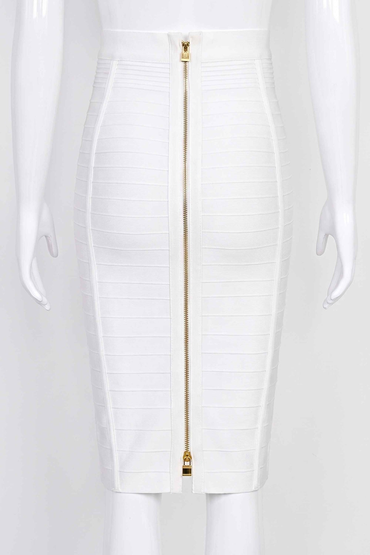 Woman wearing a figure flattering Pencil High Waist Bandage Knee Length Knitted Skirt - Pearl White BODYCON COLLECTION