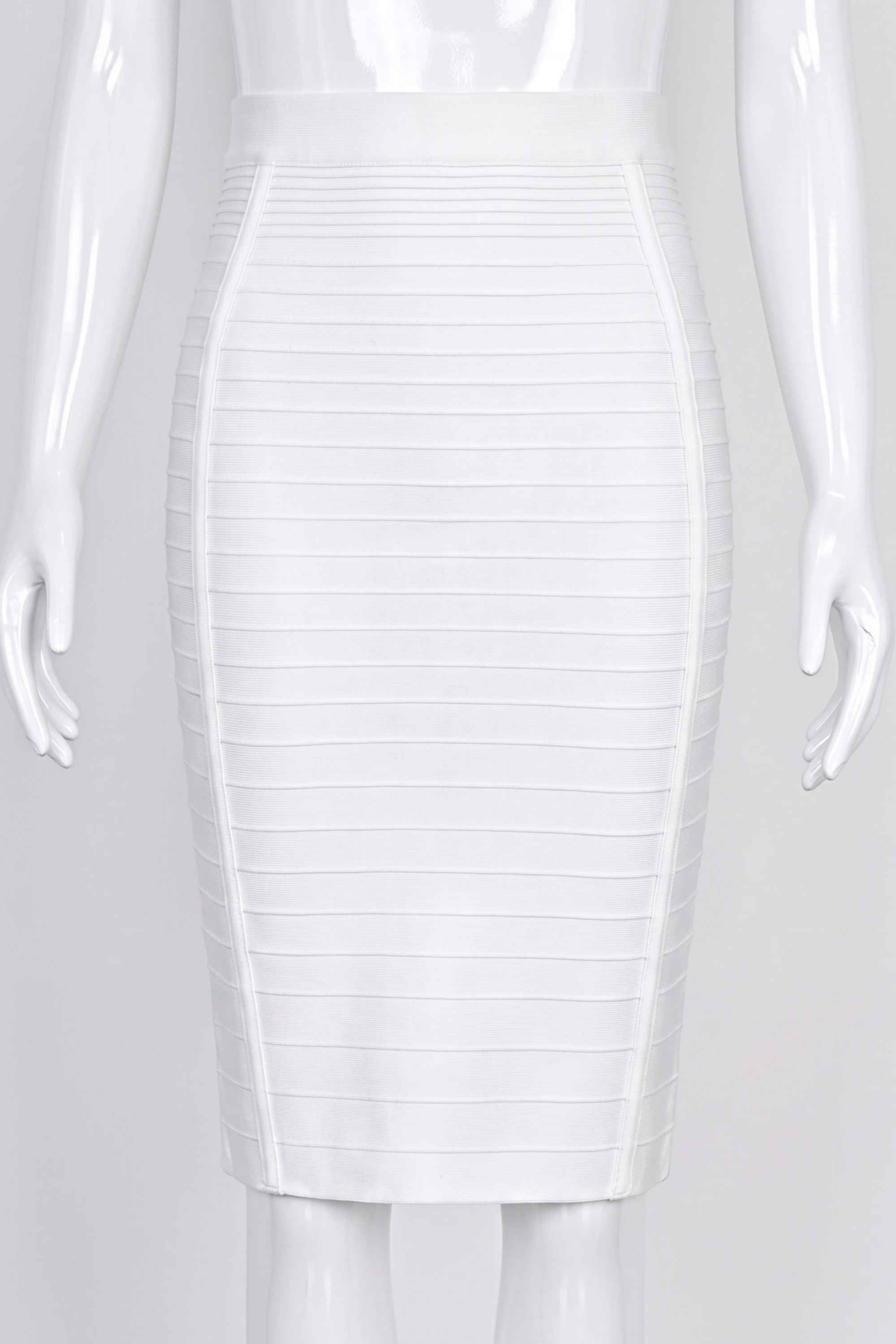 Woman wearing a figure flattering Pencil High Waist Bandage Knee Length Knitted Skirt - Pearl White BODYCON COLLECTION