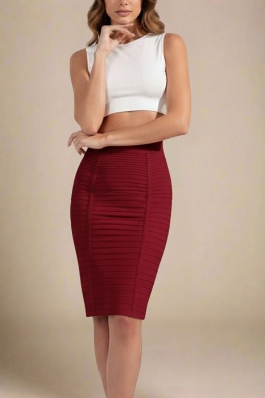 Woman wearing a figure flattering Pencil High Waist Bandage Knee Length Knitted Skirt - Red Wine BODYCON COLLECTION