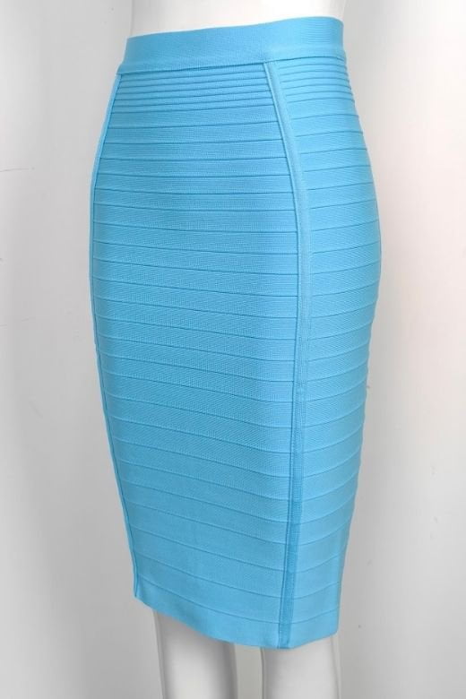 Woman wearing a figure flattering Pencil High Waist Bandage Knee Length Knitted Skirt - Sky Blue BODYCON COLLECTION