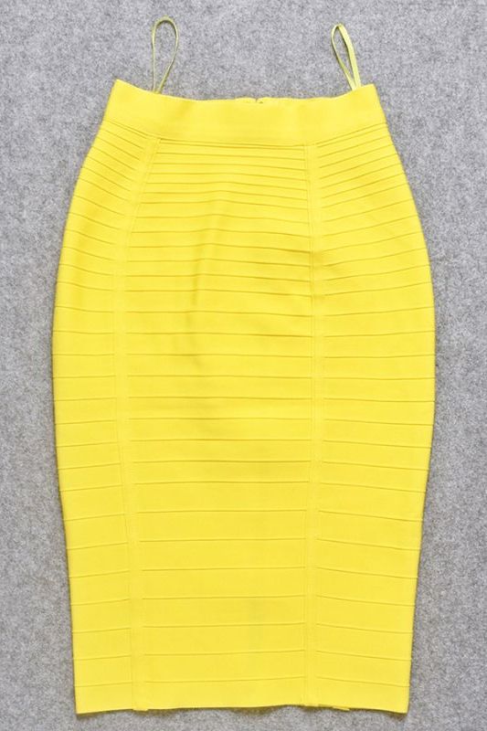 Woman wearing a figure flattering Pencil High Waist Bandage Knee Length Knitted Skirt - Sun Yellow BODYCON COLLECTION