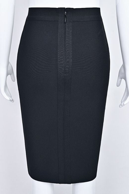 Woman wearing a figure flattering  Pencil High Waist Bandage Knee Length Skirt - Classic Black BODYCON COLLECTION