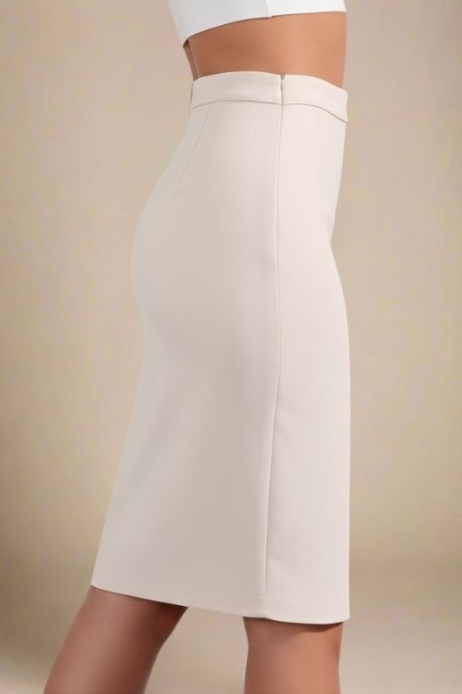 Woman wearing a figure flattering Pencil High Waist Bandage Knee Length Skirt - Cream BODYCON COLLECTION