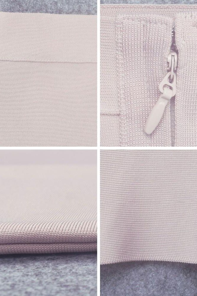 Woman wearing a figure flattering Pencil High Waist Bandage Knee Length Skirt - Cream BODYCON COLLECTION