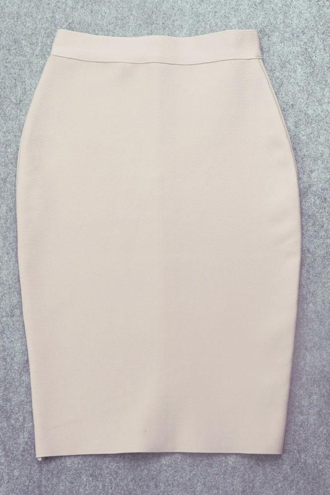 Woman wearing a figure flattering Pencil High Waist Bandage Knee Length Skirt - Cream BODYCON COLLECTION