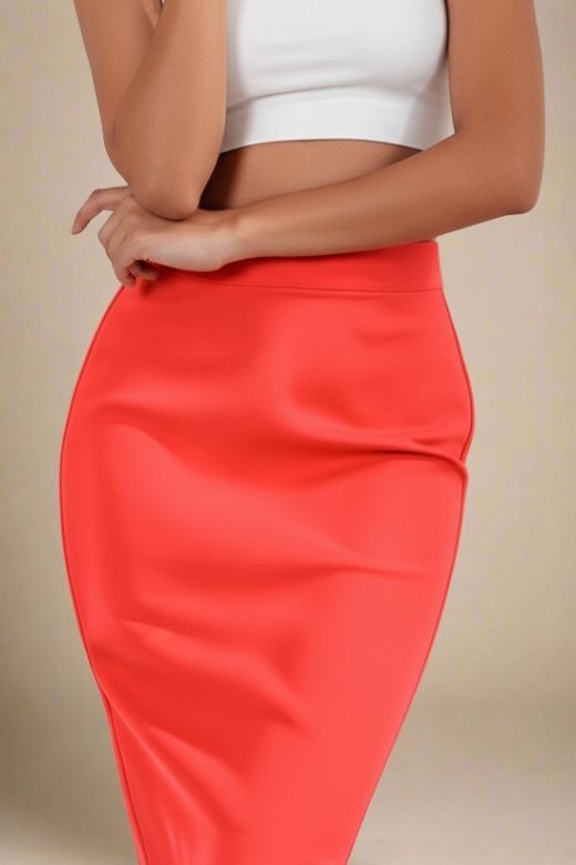 Woman wearing a figure flattering Pencil High Waist Bandage Knee Length Skirt - Lipstick Red BODYCON COLLECTION