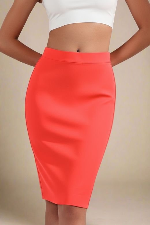 Woman wearing a figure flattering Pencil High Waist Bandage Knee Length Skirt - Lipstick Red BODYCON COLLECTION