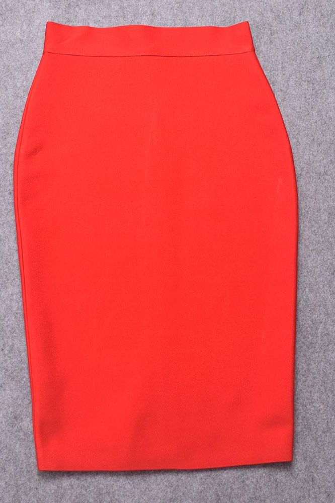 Woman wearing a figure flattering Pencil High Waist Bandage Knee Length Skirt - Lipstick Red BODYCON COLLECTION